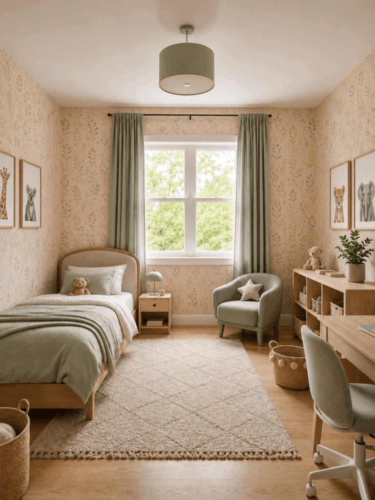 Child’s bedroom decorated with warm beige botanical wallpaper and muted green furnishings.