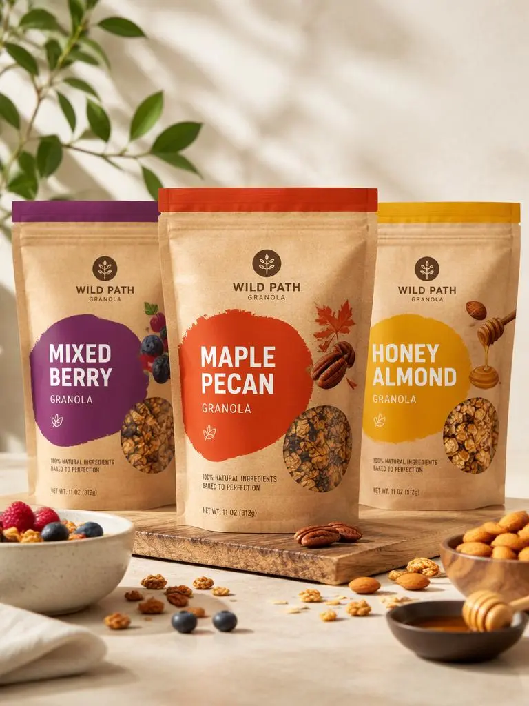 pack1 – WeShop AI Blog Three Wild Path granola pouches in mixed berry, maple pecan, and honey almond flavors displayed in a warm breakfast setting.