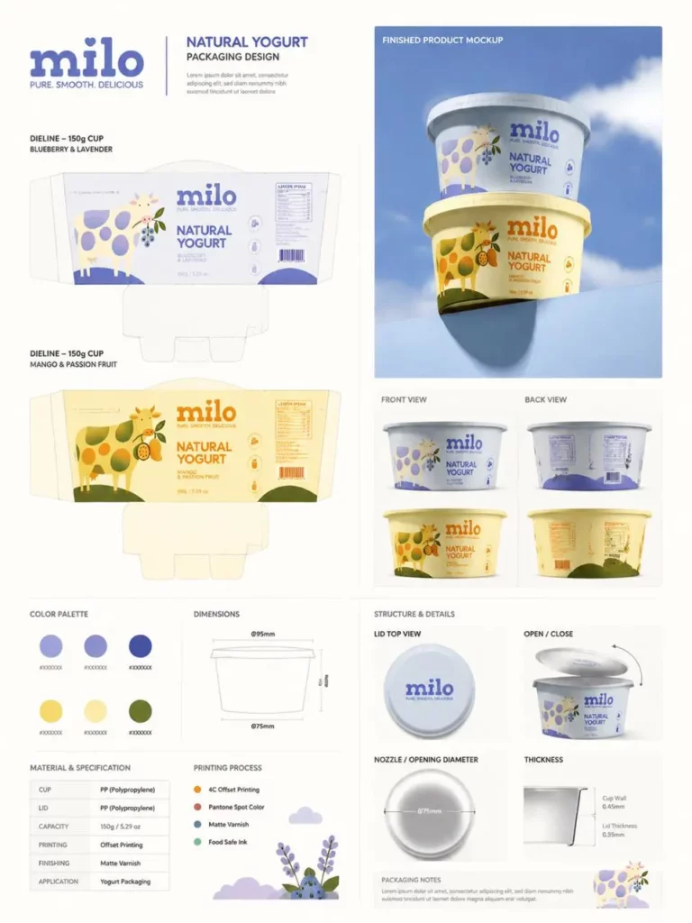 pack3 – WeShop AI Blog Milo natural yogurt packaging design board with dielines, front and back views, colors, dimensions, materials, and finished mockups.