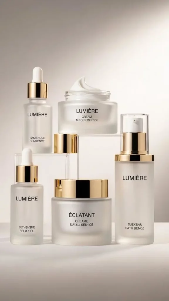 pack5 – WeShop AI Blog Lumière skincare bottles and cream jars with coordinated white packaging and gold details arranged in a premium studio scene.