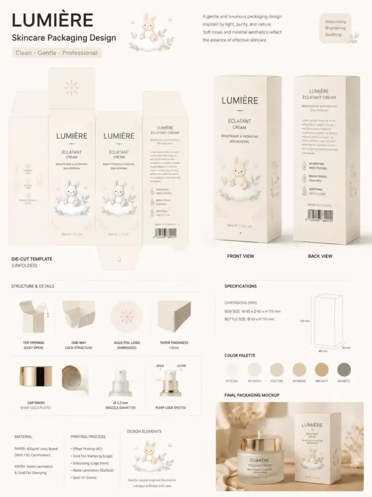 pack6 – WeShop AI Blog Lumière skincare packaging design board showing carton dielines, product views, structural details, dimensions, colors, and final mockups.