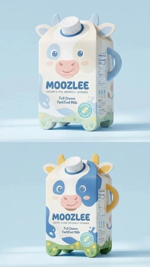 pack7 – WeShop AI Blog Moozlee cow-shaped milk cartons shown in blue and yellow packaging variations with the same structure and proportions.