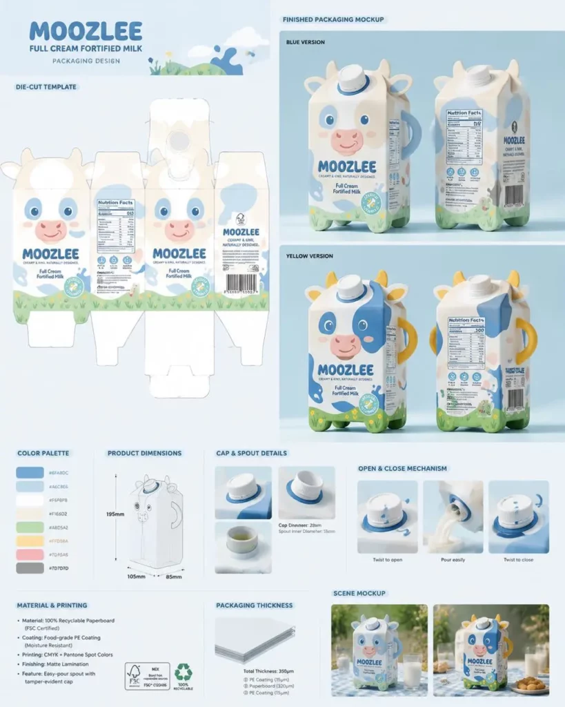 pack8 – WeShop AI Blog Moozlee milk packaging design board with a cow-shaped carton dieline, blue and yellow versions, dimensions, cap details, and scene mockups.