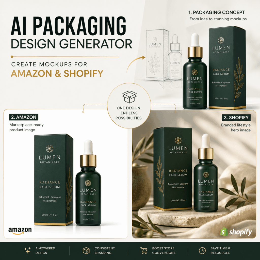 AI Packaging Design Generator for Amazon and Shopify – WeShop AI Blog AI Packaging Design Generator showing one serum package adapted into an Amazon product image and a Shopify lifestyle mockup.