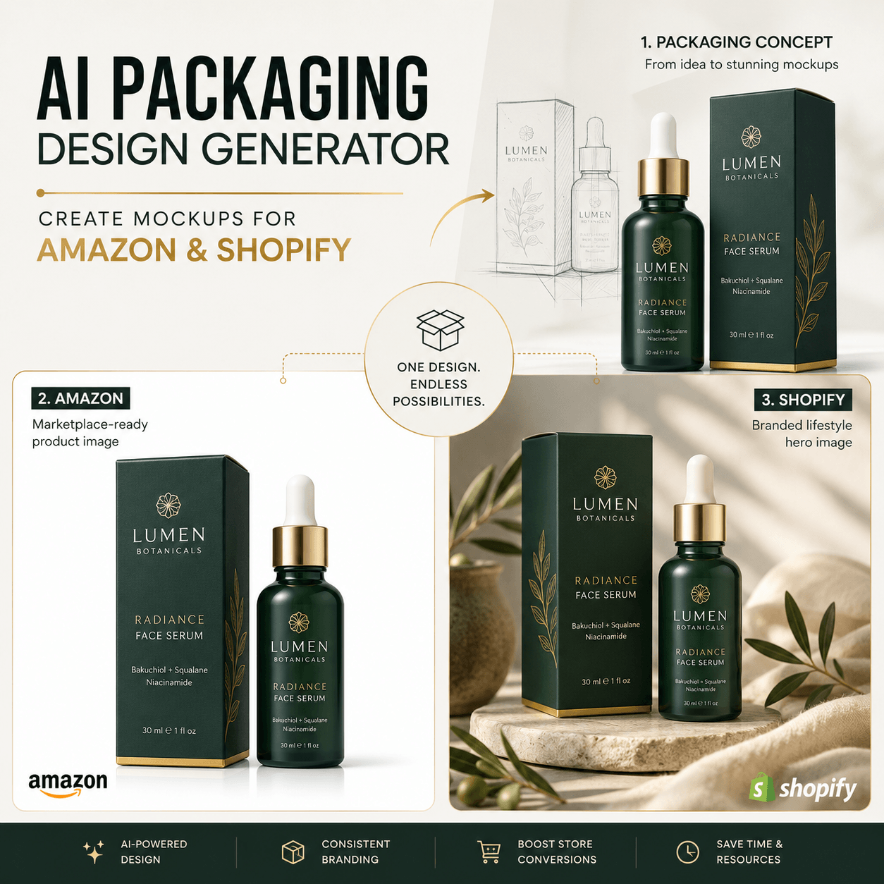 AI Packaging Design Generator showing one serum package adapted into an Amazon product image and a Shopify lifestyle mockup.