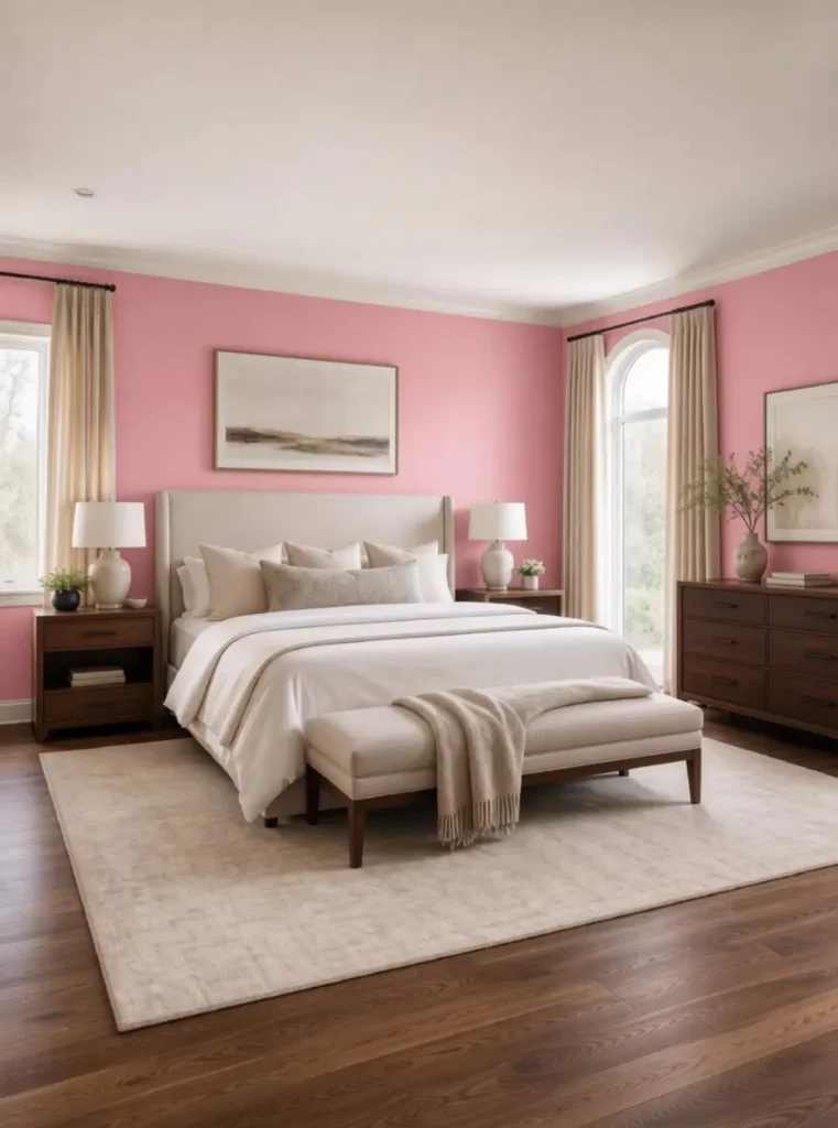 Elegant bedroom with vivid pink walls, white bedding, dark wooden furniture, and tall windows.