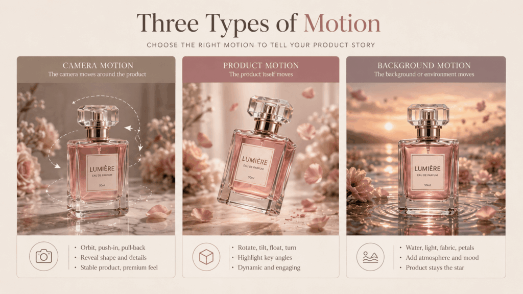 pdca – WeShop AI Blog Three-panel comparison of camera motion, product motion, and background motion using the same perfume bottle.