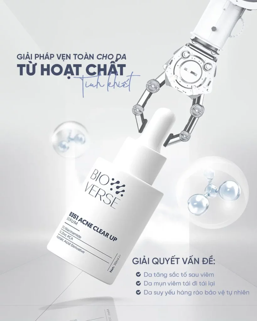 pdce – WeShop AI Blog White acne serum bottle with a robotic hand and floating skincare ingredients in a clean technology-inspired advertisement.