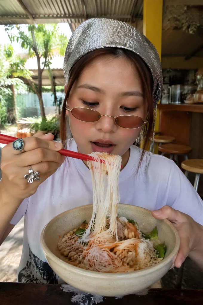 pdcg – WeShop AI Blog Content creator eating noodles at an outdoor restaurant in a casual social media lifestyle scene.