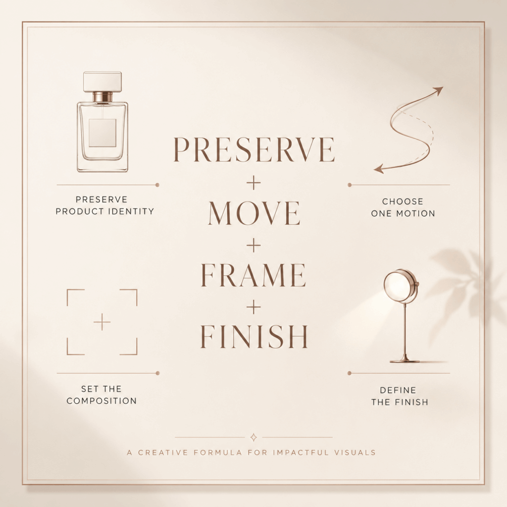 pdch – WeShop AI Blog Minimal prompt formula card showing Preserve, Move, Frame, and Finish for AI product video creation.