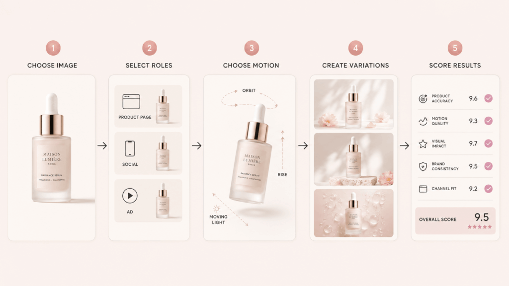 pdcj – WeShop AI Blog Five-step AI Product Video Generator workflow covering image selection, content roles, motion, variations, and result scoring.