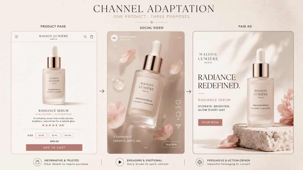 pdcj – WeShop AI Blog AI Product Video Generator channel adaptation showing one skincare serum used for a product page, social video, and paid ad.