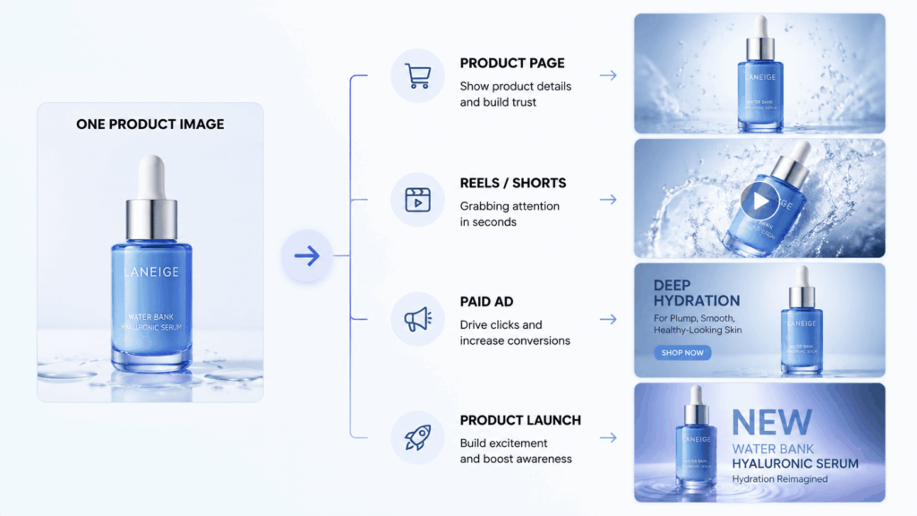 pdct – WeShop AI Blog AI Product Video Generator workflow turning one skincare image into product page, Reels, paid ad, and product launch content.
