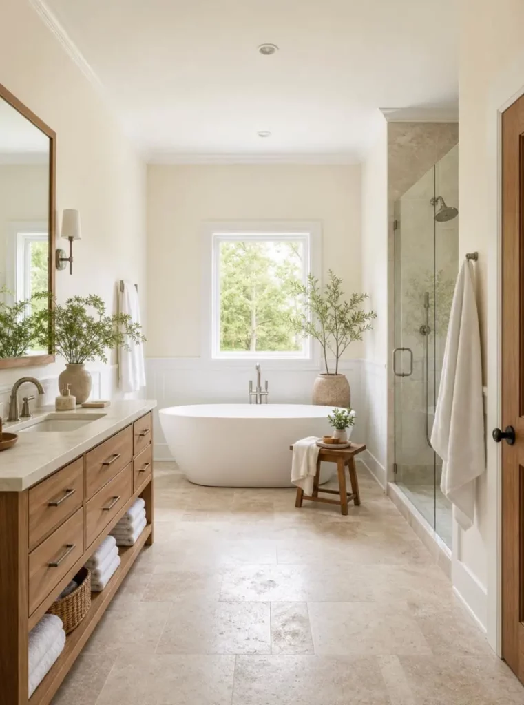 Airy bathroom with pale neutral walls, a freestanding bathtub, and a wooden vanity.
