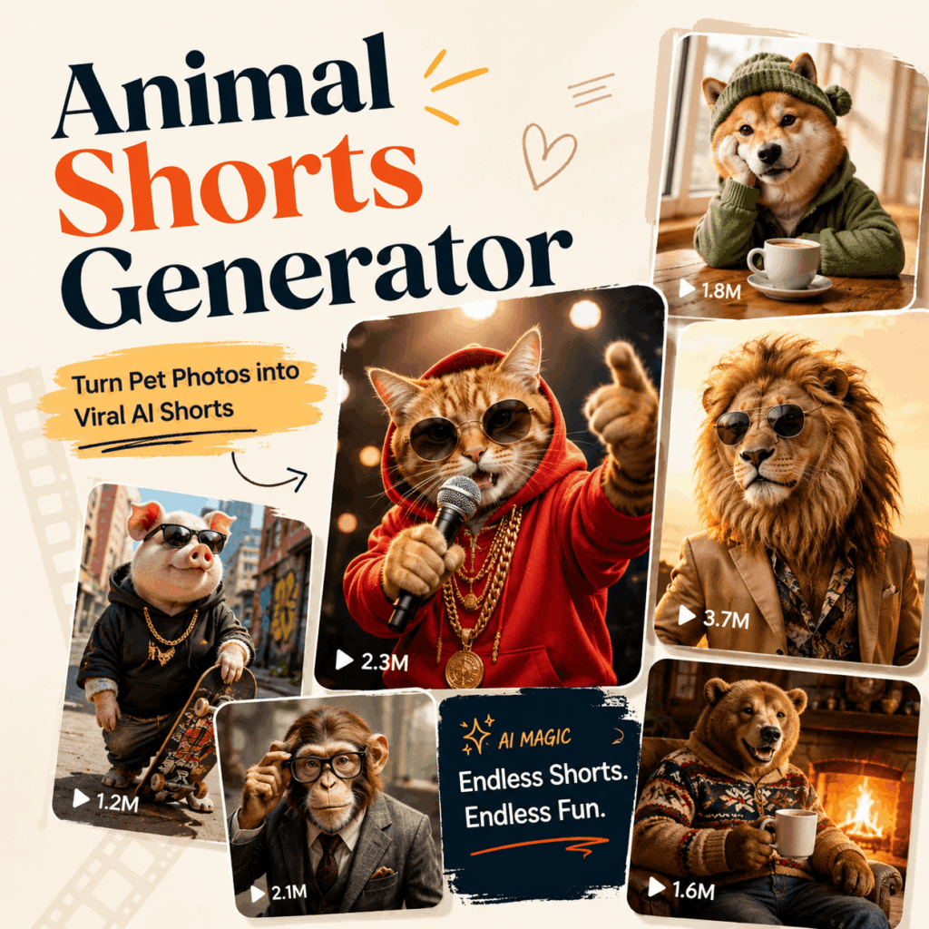 Animal Shorts Generator blog hero image with AI animal short video cards, featuring a rapping cat, stylish lion, cozy dog, pig, monkey, and bear.