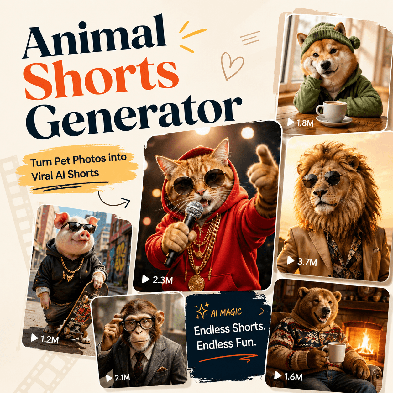 Animal Shorts Generator blog hero image with AI animal short video cards, featuring a rapping cat, stylish lion, cozy dog, pig, monkey, and bear.
