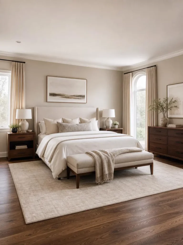 Elegant bedroom previewed with soft greige walls while the furniture and layout remain the same.