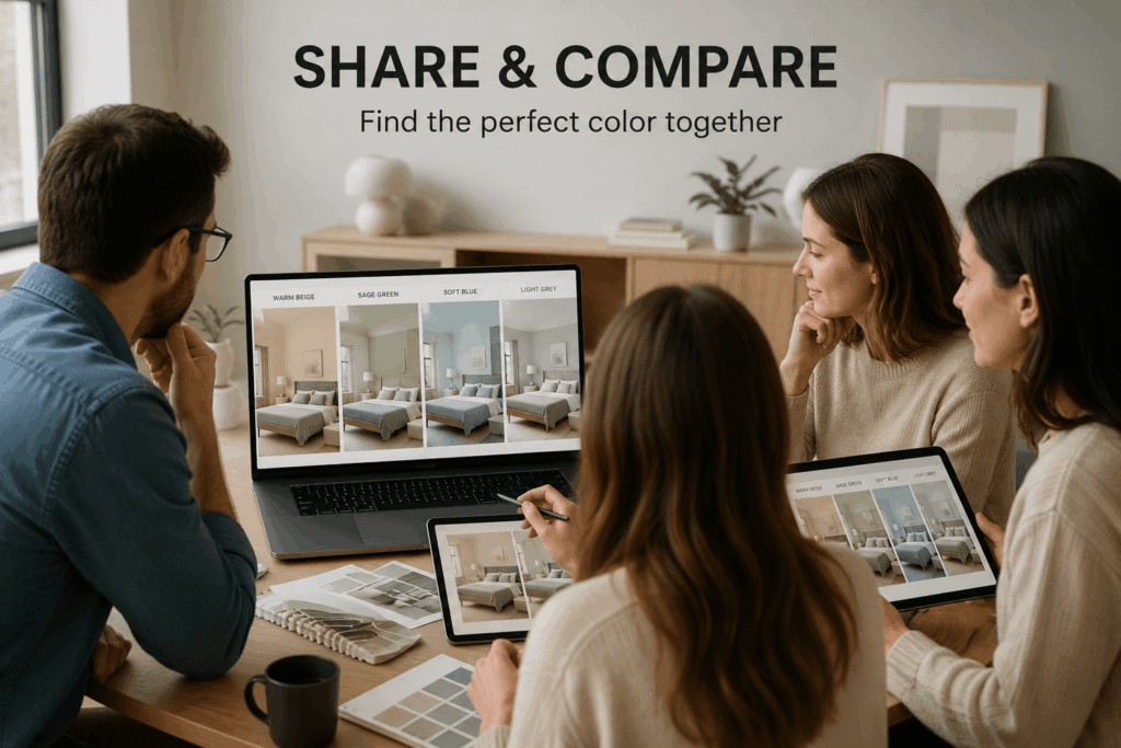 Family members and a designer comparing several bedroom paint color previews on digital screens.