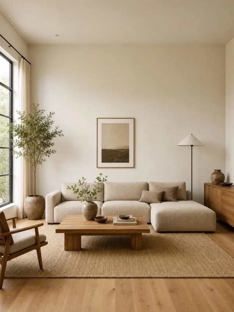 Minimal living room with light cream walls, neutral furniture, and warm wooden details.
