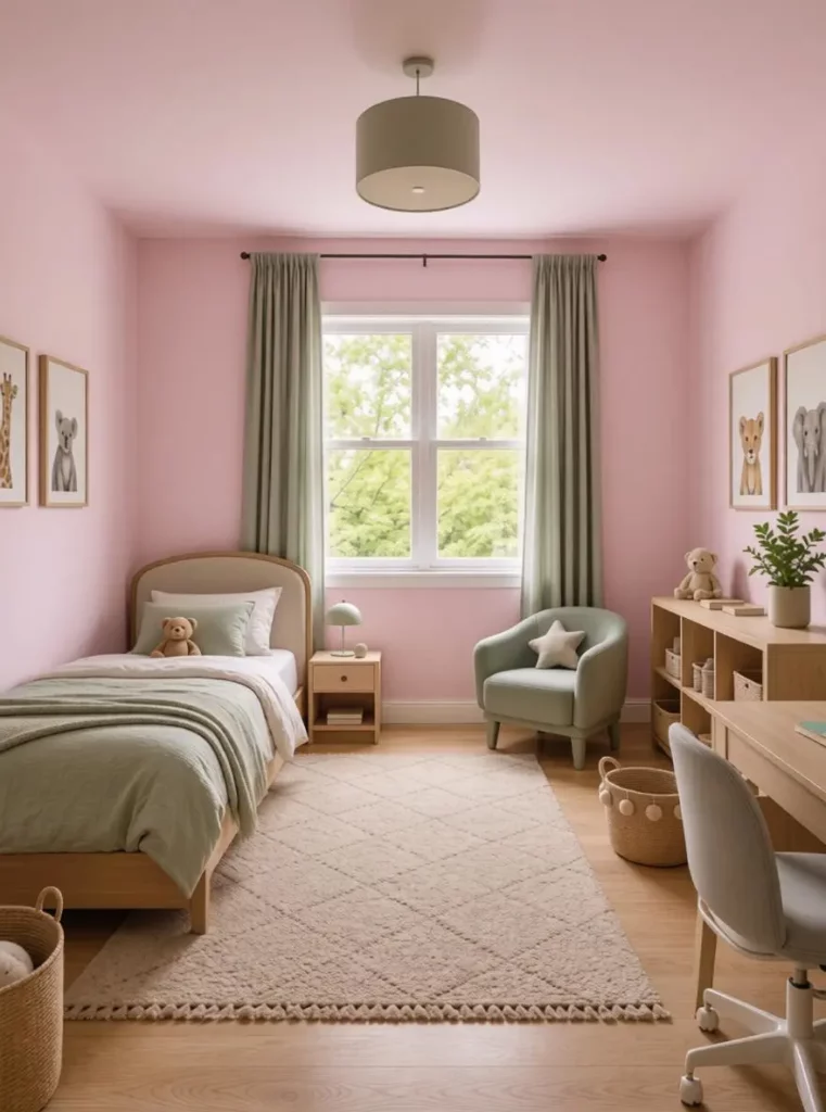 Child’s bedroom with pink walls, wooden furniture, green bedding, and animal artwork.