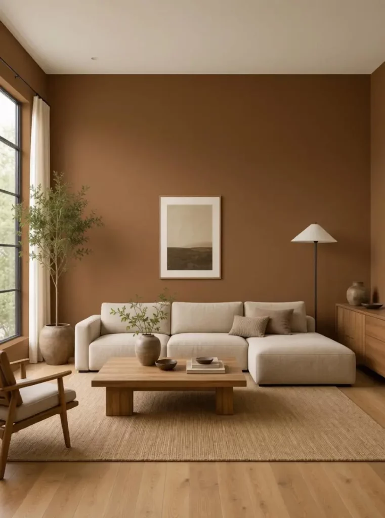 Minimal living room previewed with rich warm brown walls while the furniture remains unchanged.
