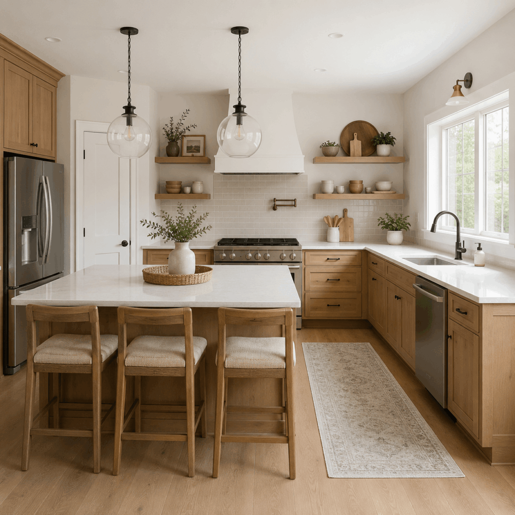 Modern farmhouse kitchen with natural wood cabinets, white walls, a large island, and pendant lights.