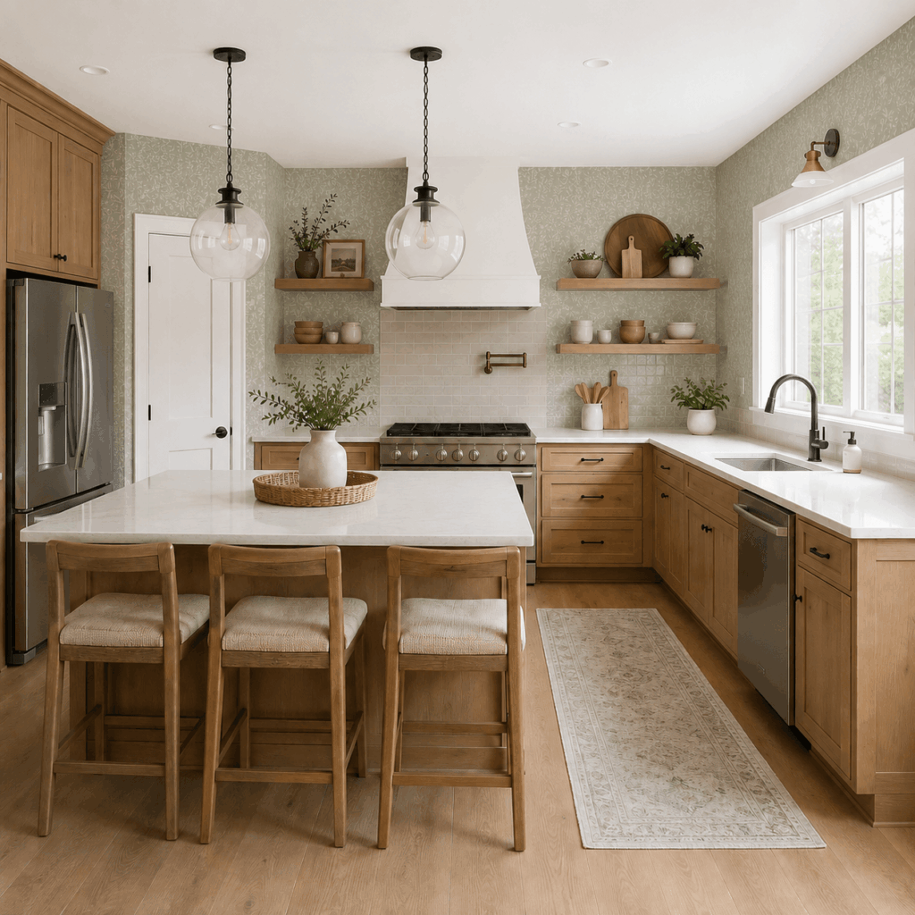 Modern farmhouse kitchen updated with subtle sage green wallpaper while the cabinets and layout remain unchanged.