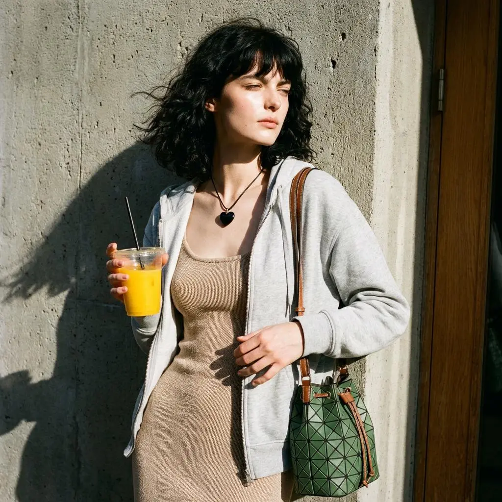 poe – WeShop AI Blog Generated street-style photo of the black-haired model matching the reference pose, outfit, bag, and drink