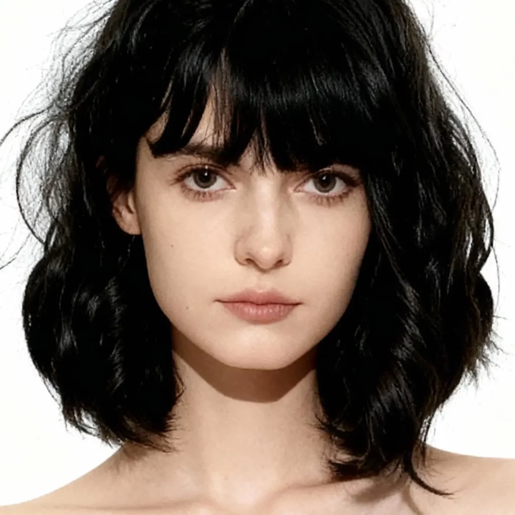 poq – WeShop AI Blog Clean studio portrait of a woman with short black hair and bangs used as the model identity photo