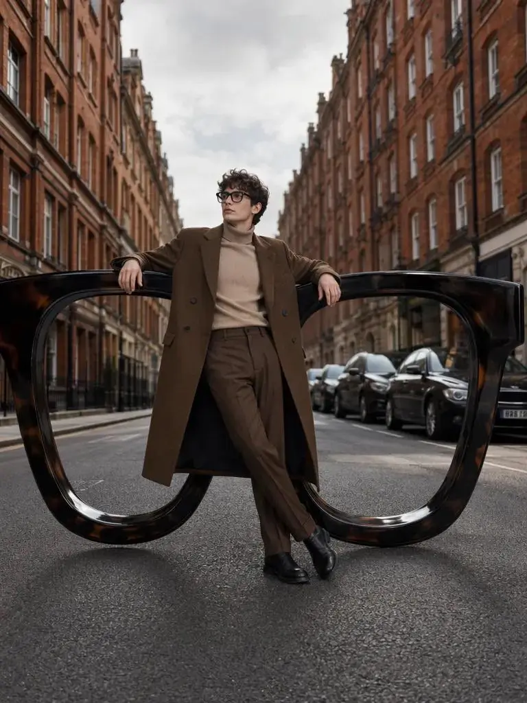por – WeShop AI Blog Male fashion model posing between oversized eyeglass frames on a city street