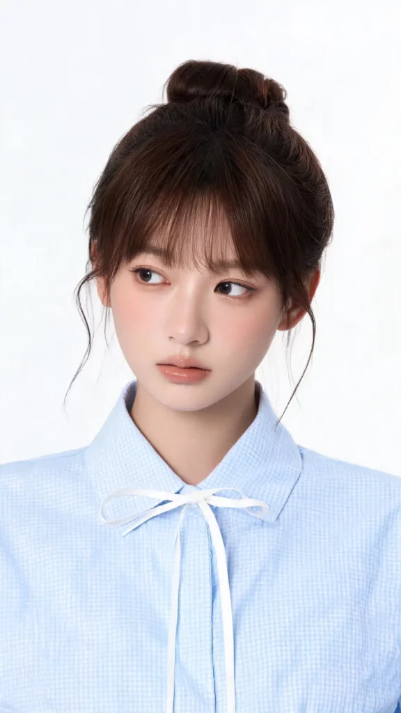 pot – WeShop AI Blog Studio portrait of a woman wearing a pale blue check blouse with a bow collar