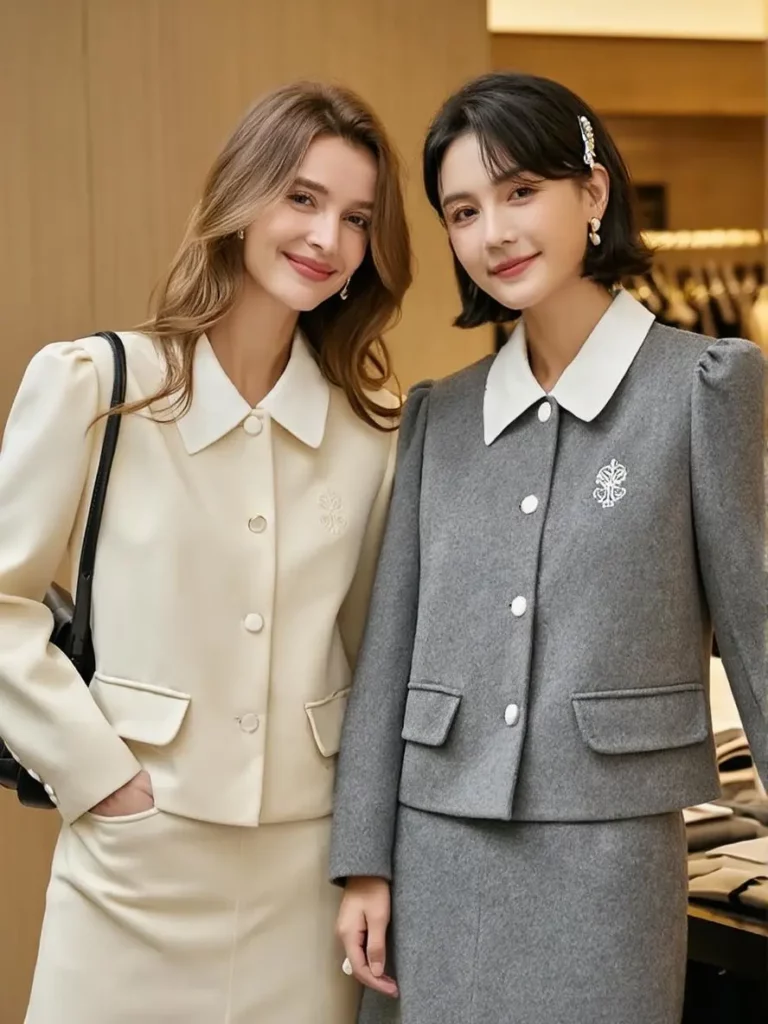 pou – WeShop AI Blog Two women posing together in coordinated cream and gray tailored outfits