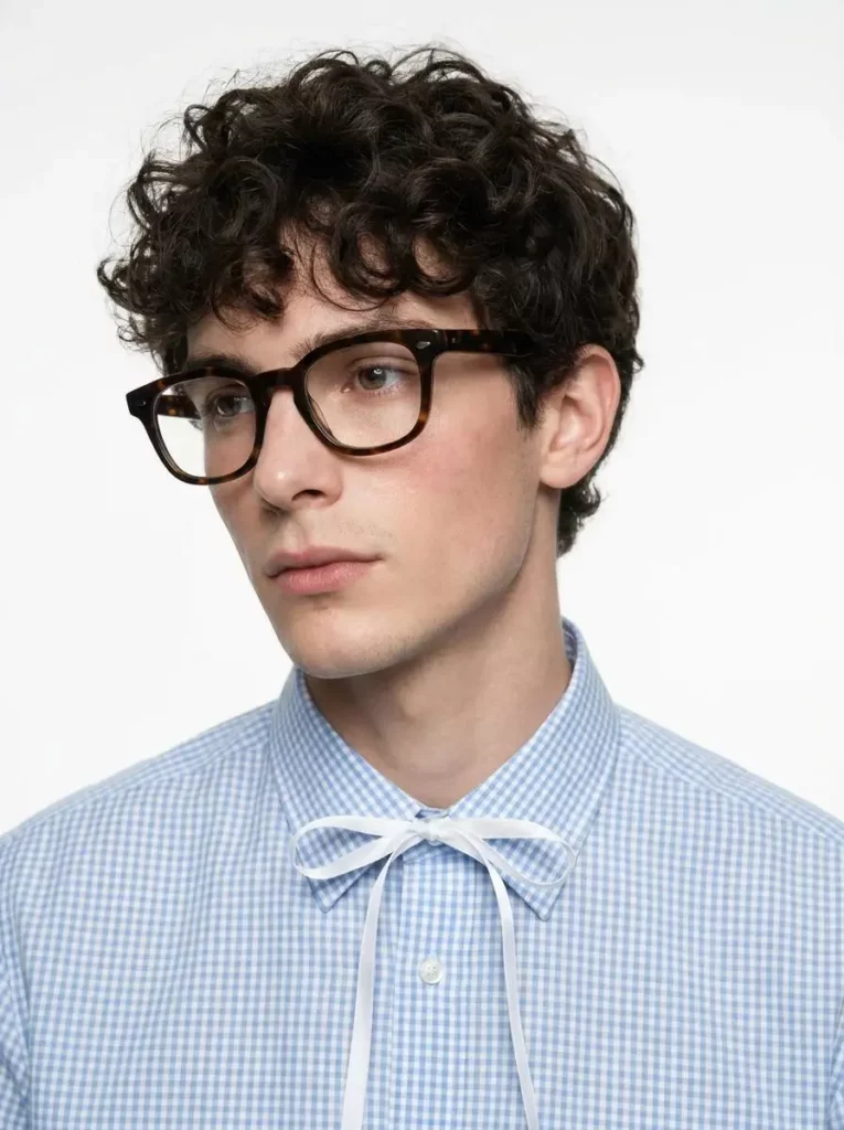 poy – WeShop AI Blog Studio portrait of a curly-haired man wearing black glasses and a pale blue bow-collar shirt