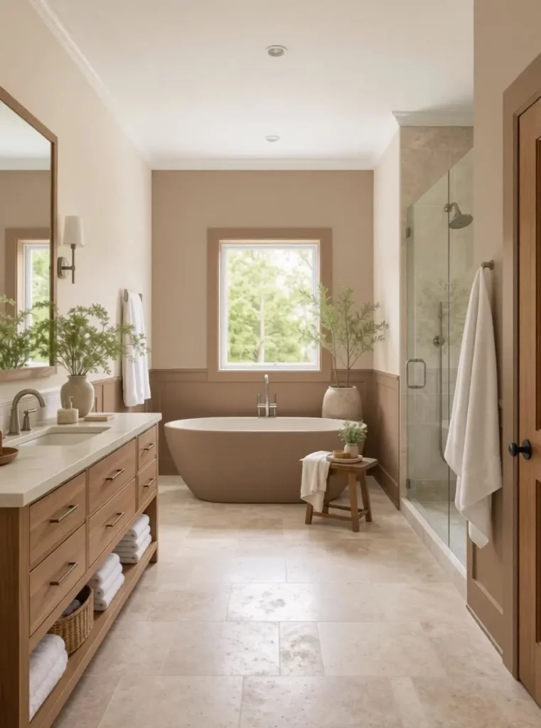 Bathroom previewed with warm taupe walls and matching painted trim around the window.