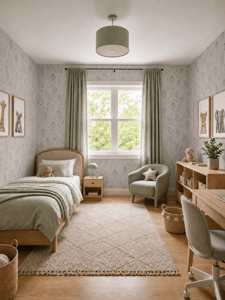 Child’s bedroom decorated with light gray botanical wallpaper while the furniture remains unchanged.