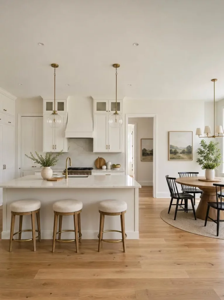 Open kitchen with white walls, white cabinets, wooden floors, and a large island.
