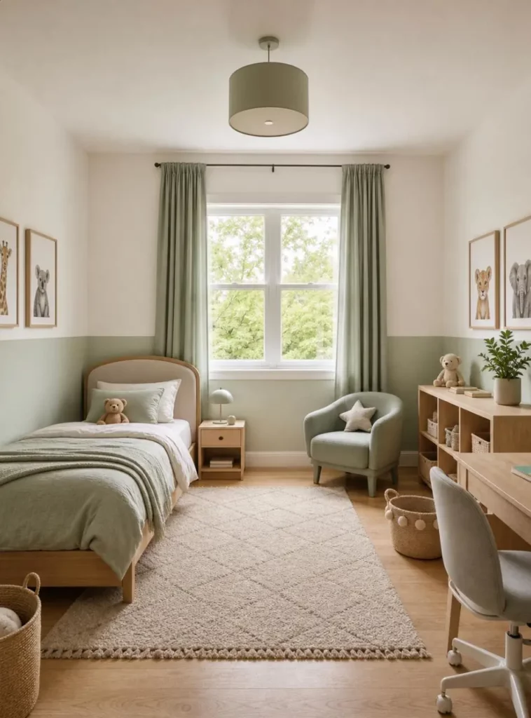 Child’s bedroom with cream upper walls and a soft sage green lower accent section.