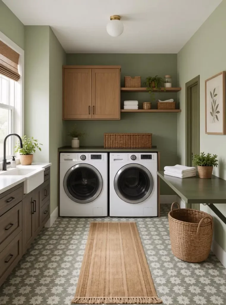 Laundry room updated with soft sage green walls while the cabinets and appliances remain unchanged.