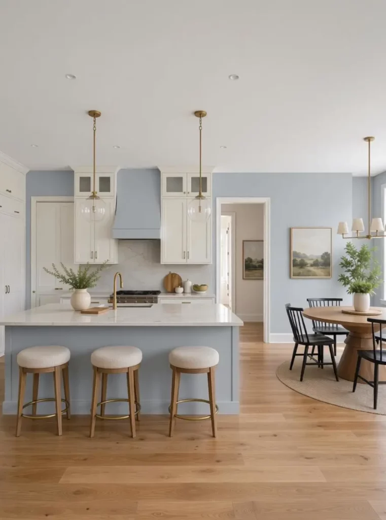Kitchen visualized with soft blue walls and a matching blue island while the layout stays unchanged.