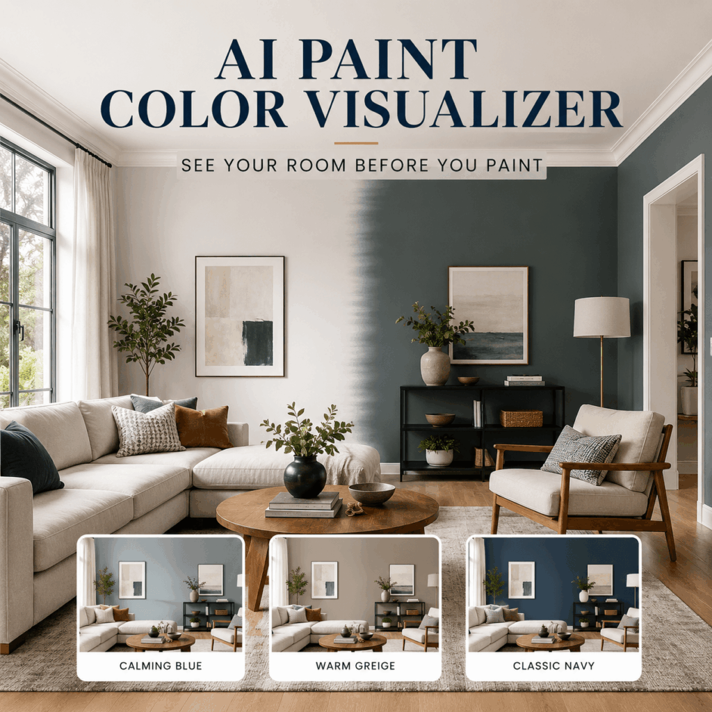 AI Paint Color Visualizer showing one living room with multiple wall color options.