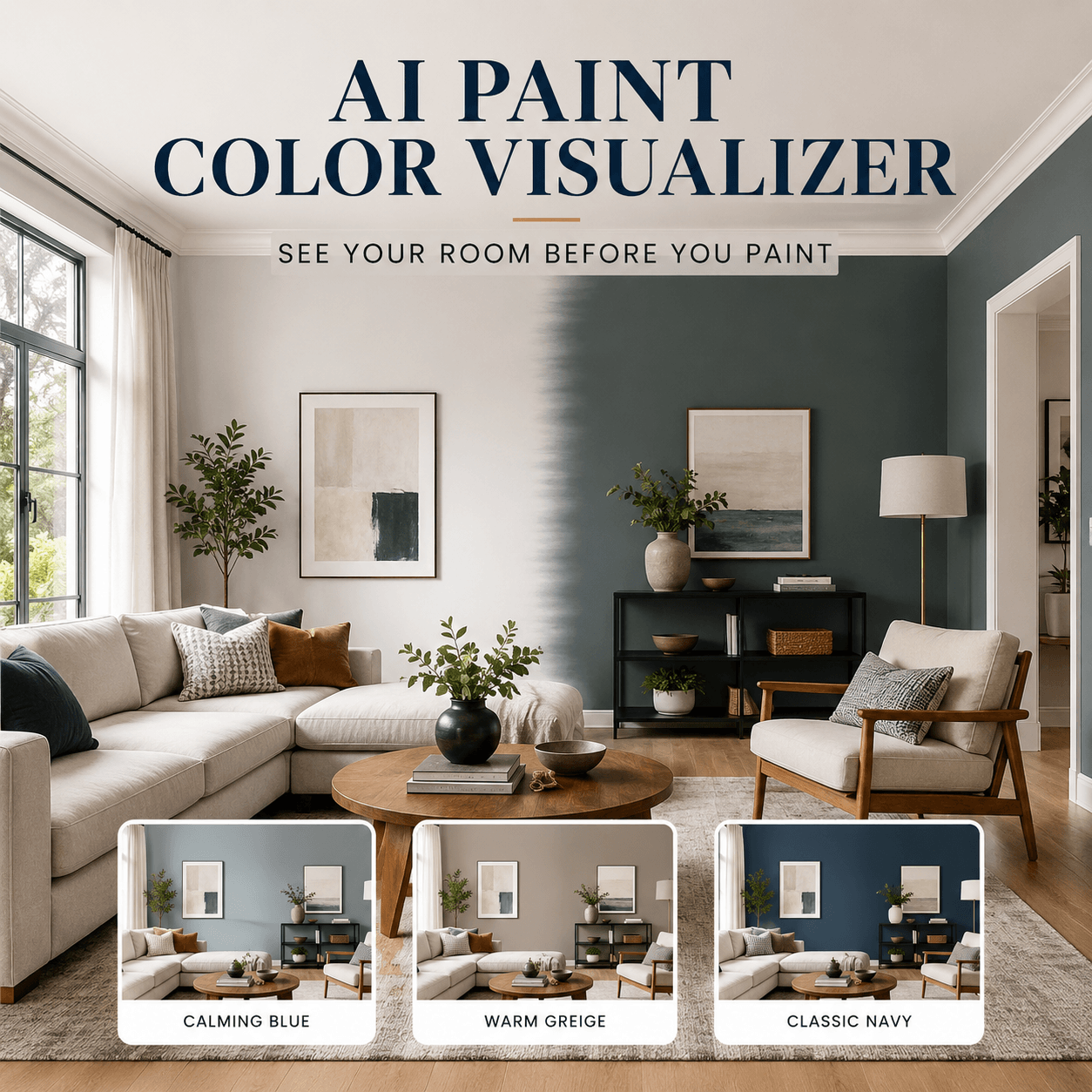 AI Paint Color Visualizer showing one living room with multiple wall color options.