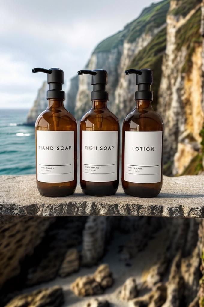 rla – WeShop AI Blog Amber soap bottles placed against a coastal background with lifestyle lighting.