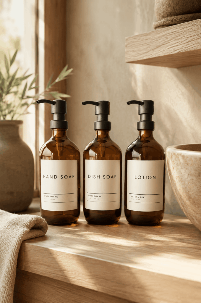 rld – WeShop AI Blog Amber soap bottles in a warm bathroom scene after AI Relight Tool relighting.