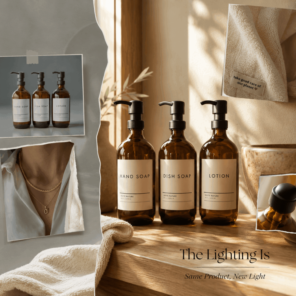 AI Relight Tool Product Lighting Transformation – WeShop AI Blog AI Relight Tool hero image showing amber soap bottles transformed from flat studio lighting to warm lifestyle lighting.