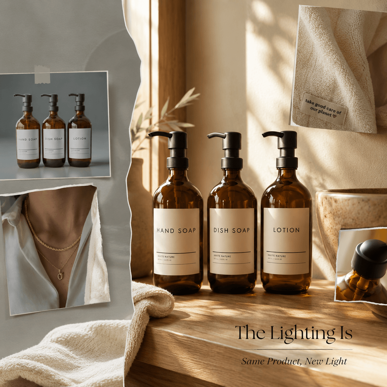 AI Relight Tool hero image showing amber soap bottles transformed from flat studio lighting to warm lifestyle lighting.