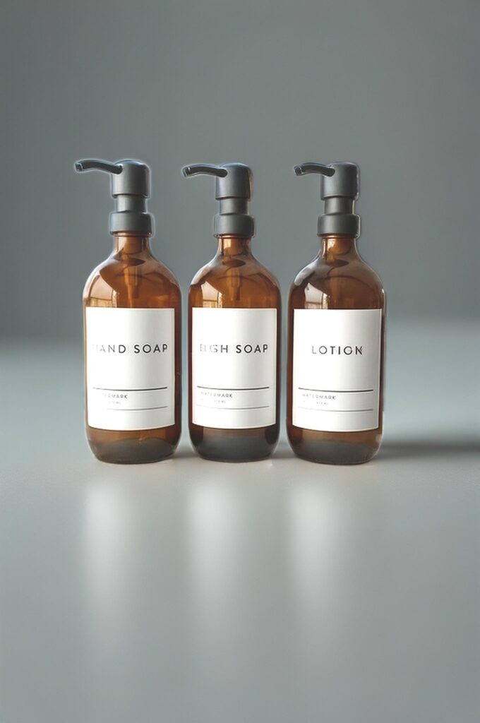 rls – WeShop AI Blog Amber soap bottles in a plain studio setup before AI Relight Tool transformation.
