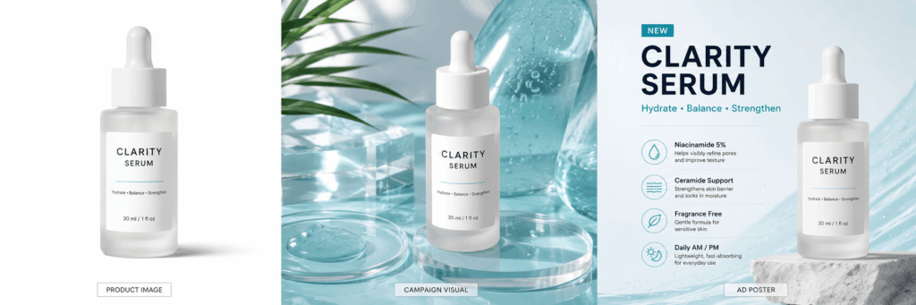 sda – WeShop AI Blog Three-panel Seedream 5.0 visual showing a serum as a clean product image, commercial scene, and advertising poster.