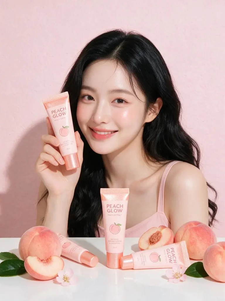 Beauty model holding Peach Glow skincare products in a soft pink campaign with fresh peaches