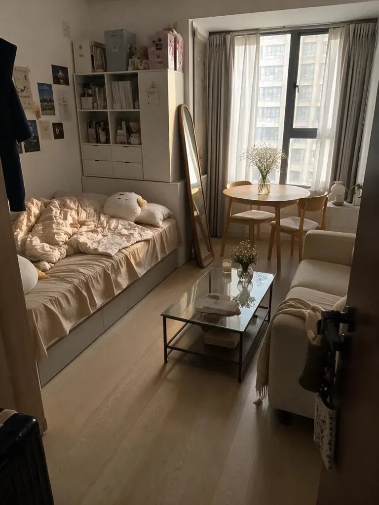 Small bedroom after seedream5.0 editing with a sofa, coffee table, mirror, and dining area added