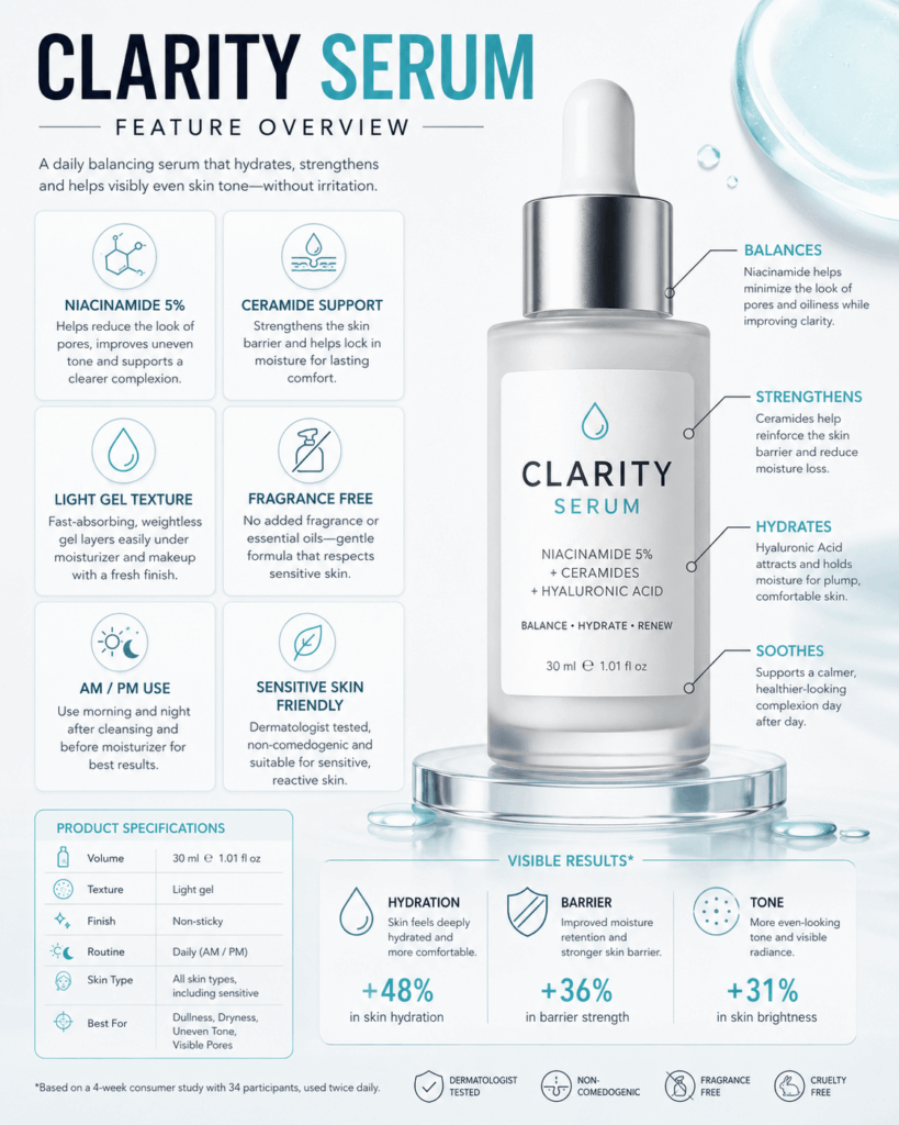 sdi – WeShop AI Blog Clarity Serum infographic presenting ingredients, product benefits, specifications, and visible results.
